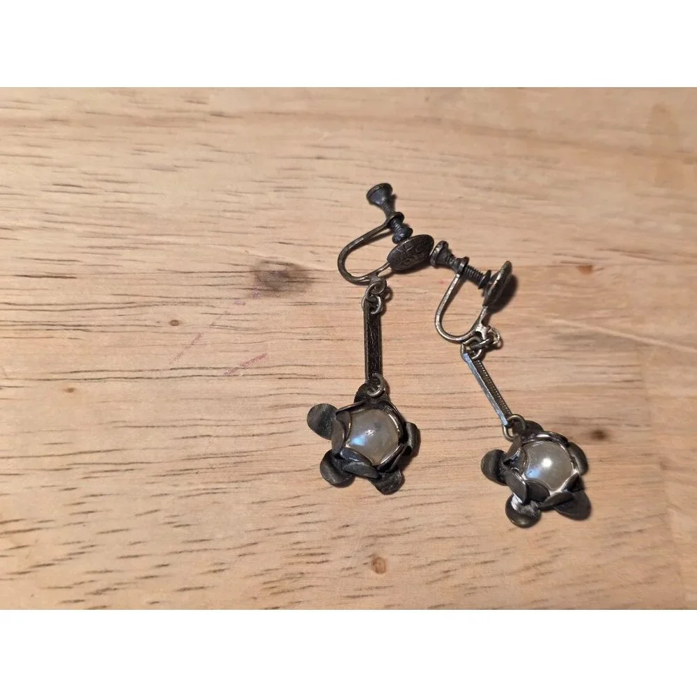 Vintage Screw‎ Back Floral Drop Earrings With Faux Pearl Accents